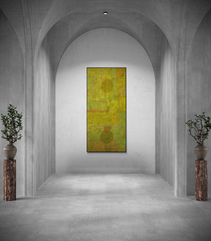 In-situ view of Yashvant Singh's 'Untitled 3 (Green Abstract with Face)' painting in a room