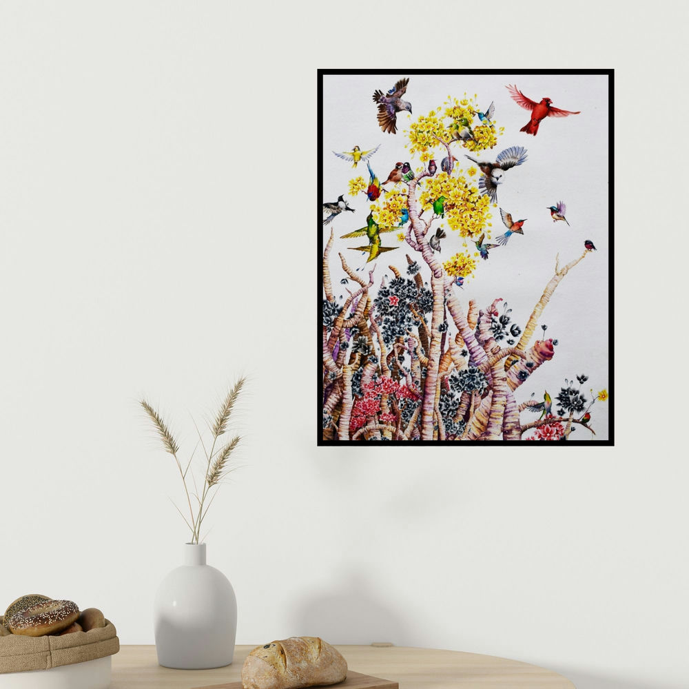 Bikash Pradhan's 'Untitled 3 (Birds and Blossoms)' painting visualized above a sofa in a contemporary room.