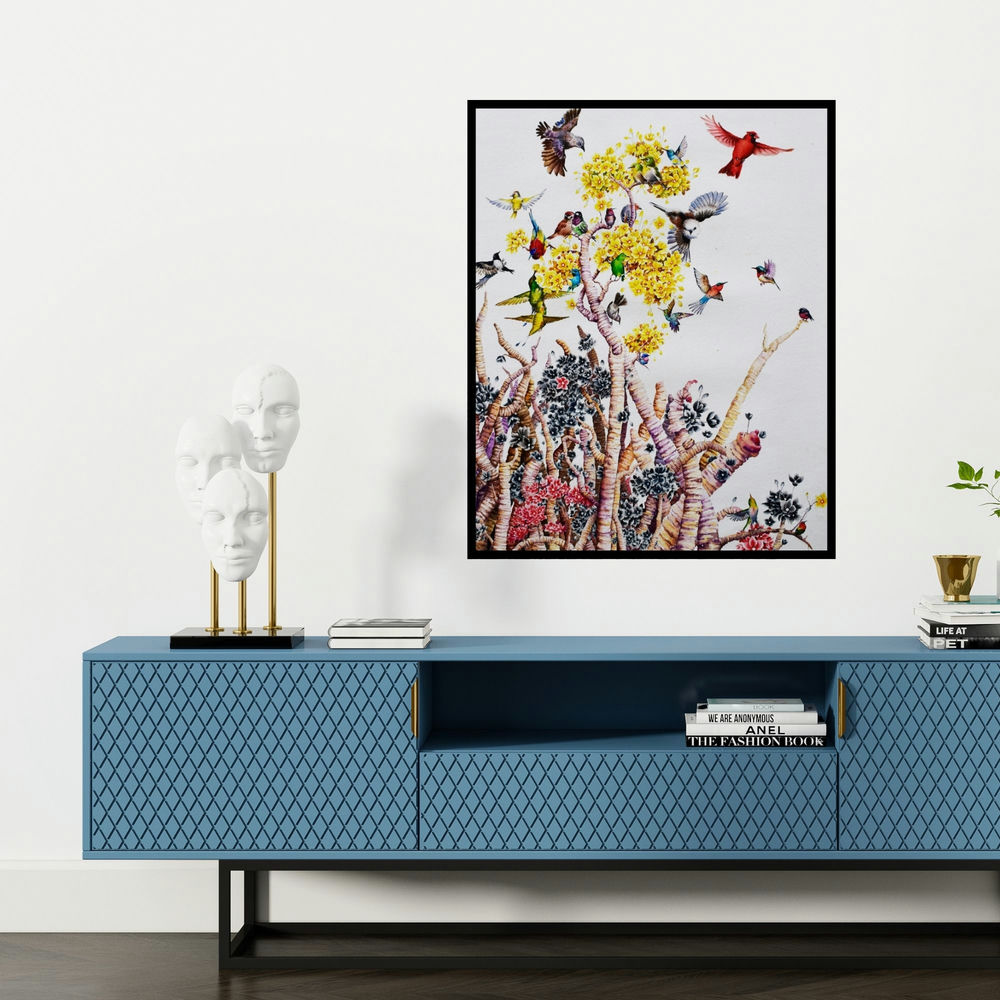 'Untitled 3 (Birds and Blossoms)' painting by Bikash Pradhan shown on a wall in a furnished room.