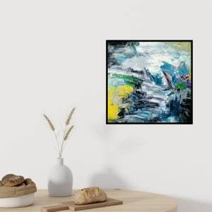 Preview of 'Untitled 3 (Abstract Landscape in Blue and Yellow)' Painting by Kamran Azim shown on a wall in a furnished room.