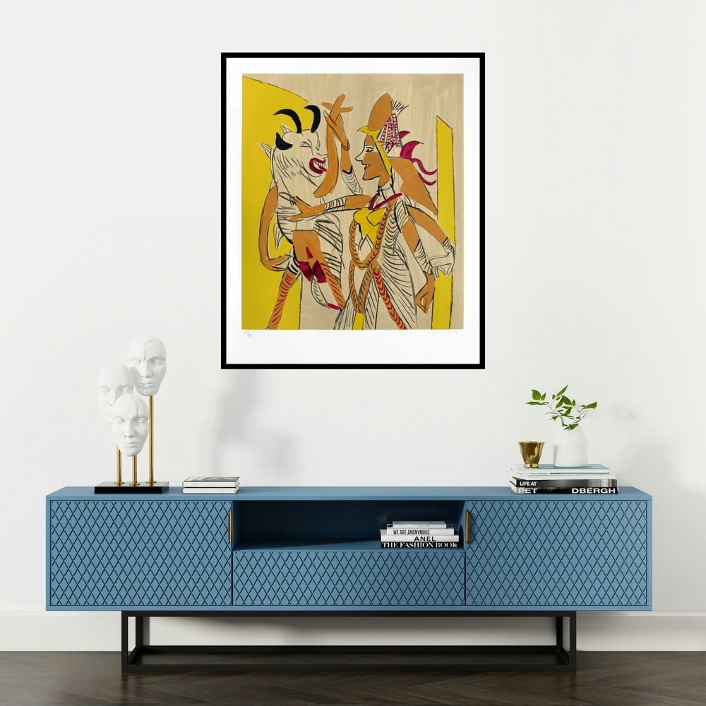 K G Subramanyan's 'Untitled 3 (A Divine Duet)' painting visualized above a sofa in a contemporary room.