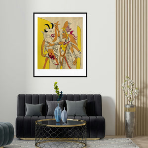 'Untitled 3 (A Divine Duet)' painting by K G Subramanyan shown on a wall in a furnished room.