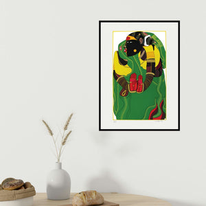 Thota Vaikuntam's 'Untitled 3 (Woman in Green Sari)' painting visualized above a sofa in a contemporary room.