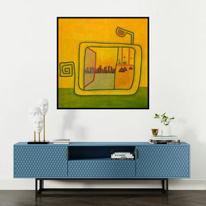 'Untitled 3 (A Window to the City)' painting by Snehal Ekbote shown on a wall in a furnished room.