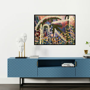 Preview of 'Untitled 3 (Beneath the Surface)' Painting by Heena Shaikh shown on a wall in a furnished room.