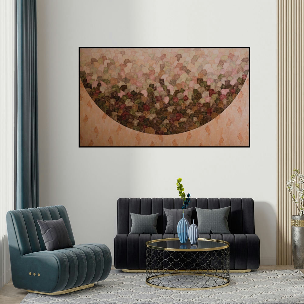 Ishwari Manolikar's 'Untitled 3 (Urban Tapestry)' painting visualized above a sofa in a contemporary room.