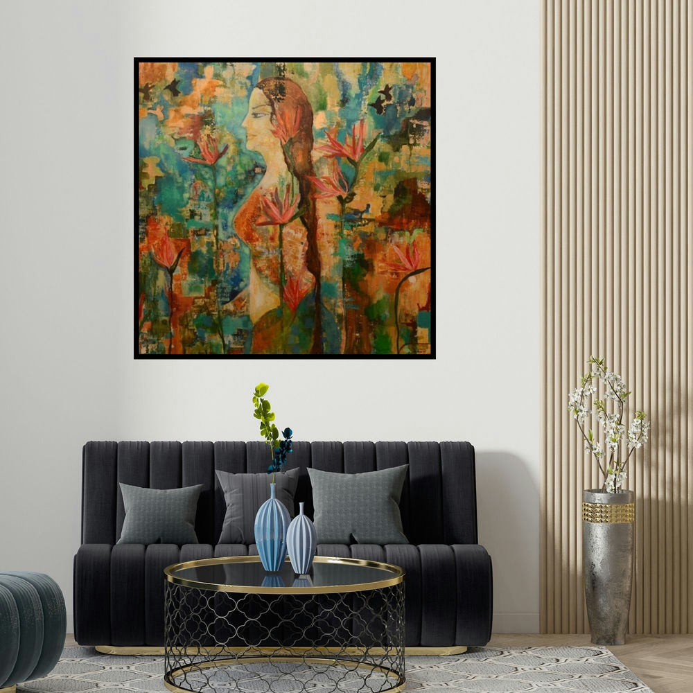 Sunayana Malhotra's 'Untitled 3' painting visualized above a sofa in a contemporary room.