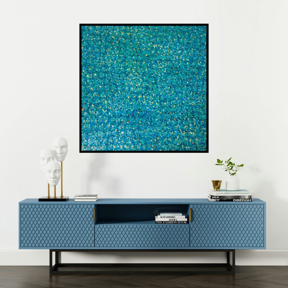 'Untitled 3 (Turquoise Tide)' painting by Vinit Kumar shown on a wall in a furnished room.