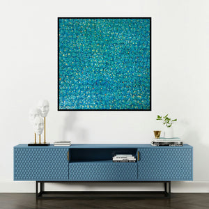 'Untitled 3 (Turquoise Tide)' painting by Vinit Kumar shown on a wall in a furnished room.