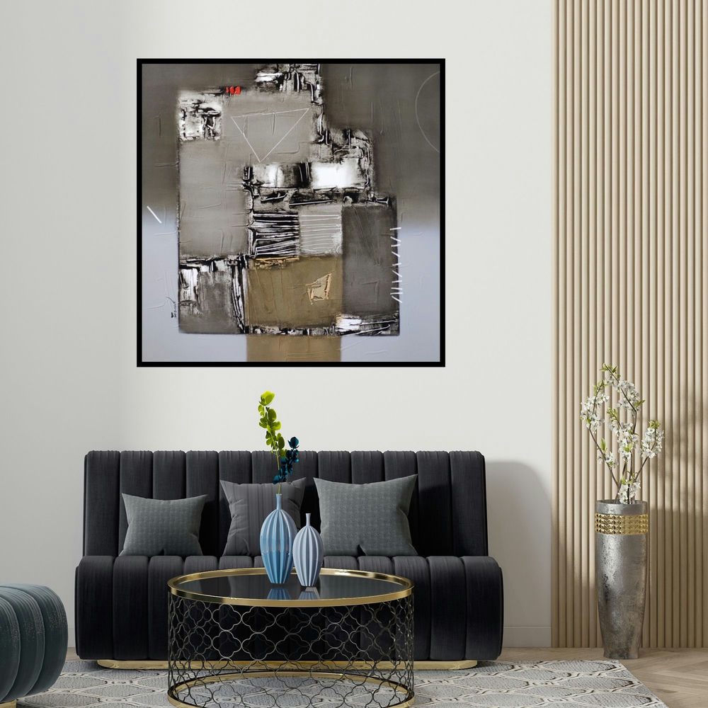 Paras Parmar's 'Untitled 3 (Concrete Jungle)' painting visualized above a sofa in a contemporary room.