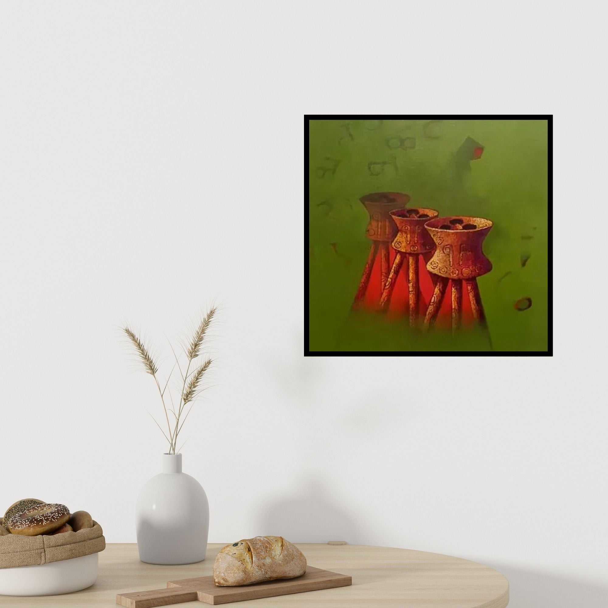 Preview of 'Untitled 3 (Ancient Offerings)' Painting by Navnath Kshirsagar shown on a wall in a furnished room.