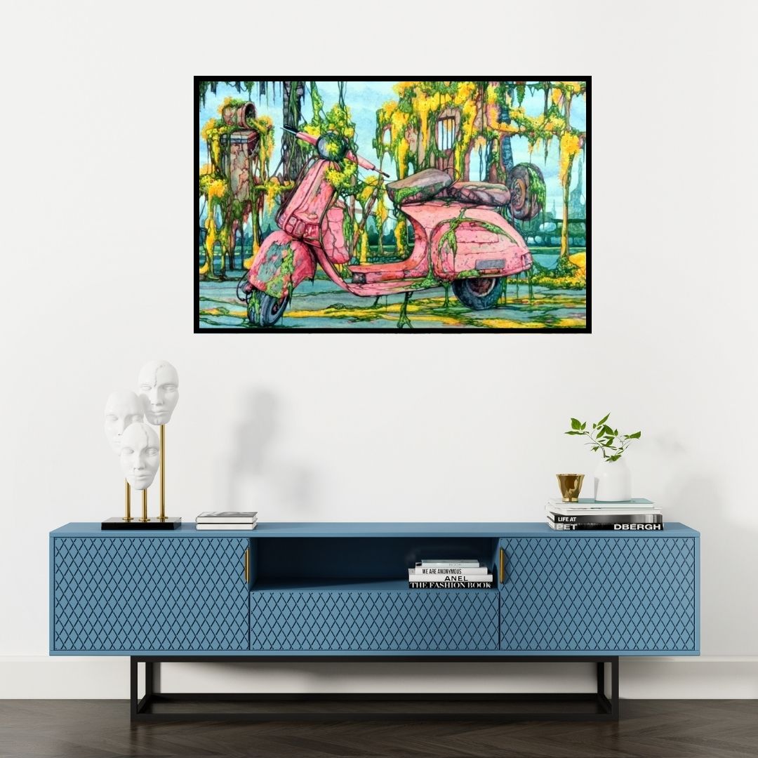 Preview of 'Untitled 3 (Reclaimed by Nature)' Painting by Bahuleyan C B shown on a wall in a furnished room.