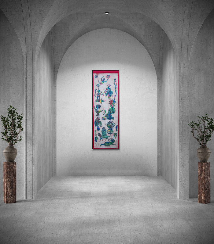 Preview of 'Untitled 3 (The Tapestry of Creation)' Painting by Joydeep Bhattachrjee shown on a wall in a furnished room.