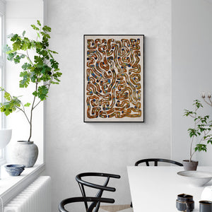 Rajesh Shah's painting 'Untitled 3 (The Labyrinth Within)' displayed in a modern living room setting