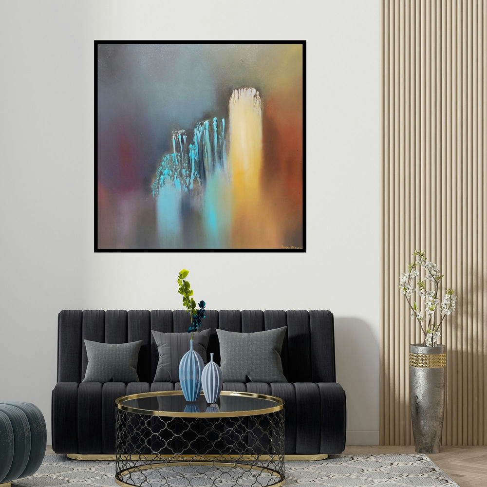 Sanjay Dhawale's 'Untitled 3 (Ethereal Horizons)' painting visualized above a sofa in a contemporary room.