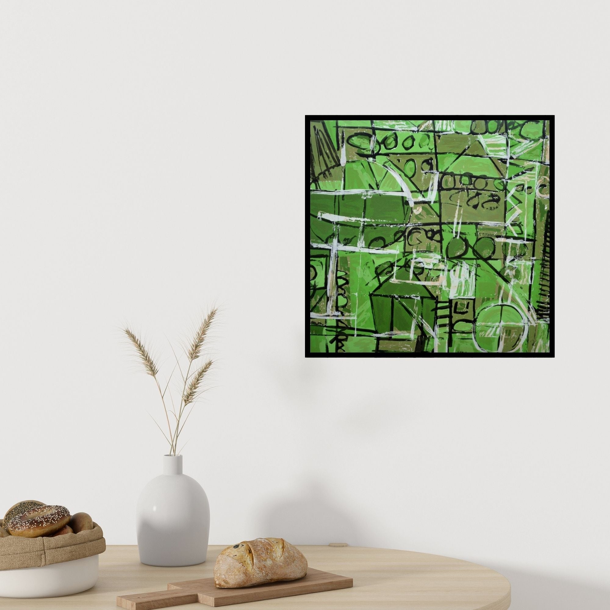 Preview of 'Untitled 3 (Verdant Symphony)' Painting by Ajay Choudhary shown on a wall in a furnished room.