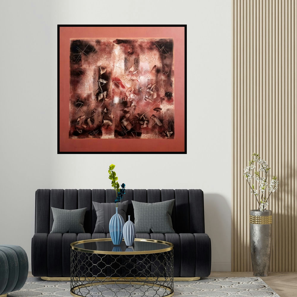Jai Chouhan's 'Untitled 3 (Crimson Chaos)' painting visualized above a sofa in a contemporary room.