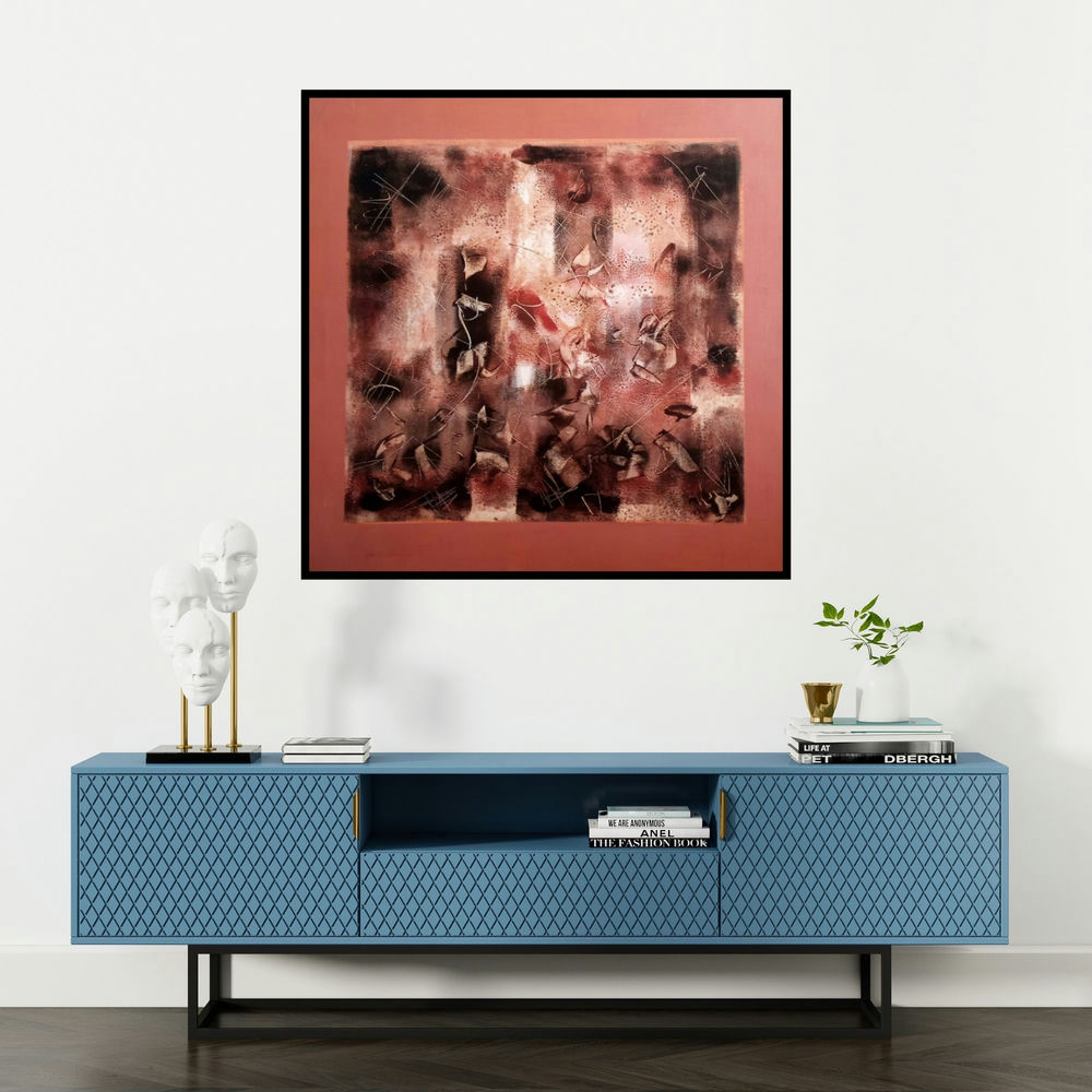 'Untitled 3 (Crimson Chaos)' painting by Jai Chouhan shown on a wall in a furnished room.