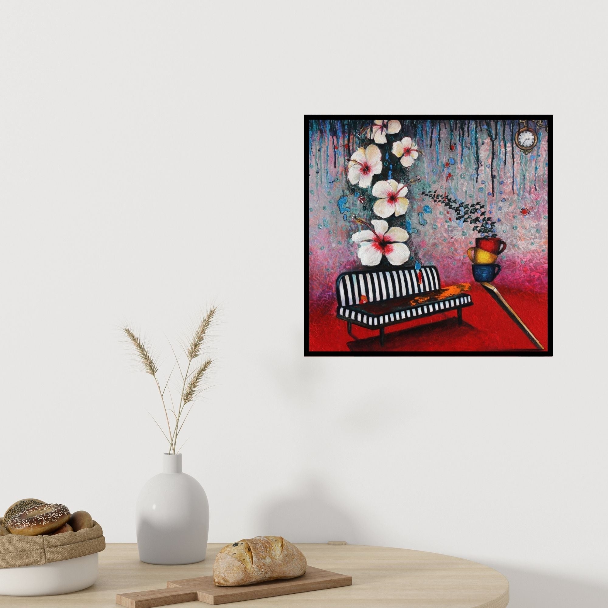 Preview of 'Untitled 3 (Tea Time in Wonderland)' Painting by Sangeeta Singh shown on a wall in a furnished room.