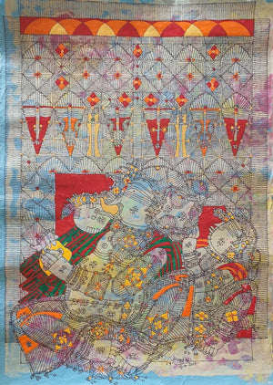 Untitled 3 (Tribal Harmony) by G Raman, Original Acrylic Ink Figurative Painting on Rice Paper, Medium Vertical Wall Art