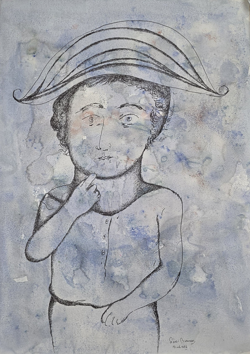 Untitled 3' figurative watercolor painting by artist Sakti Burman, 30x22 inch, on paper