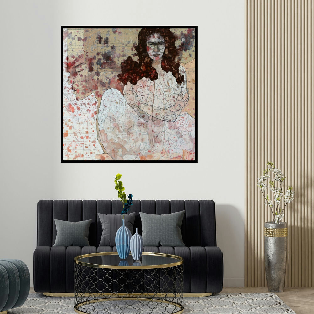 Swati Sable's 'Untitled 3' painting visualized above a sofa in a contemporary room.