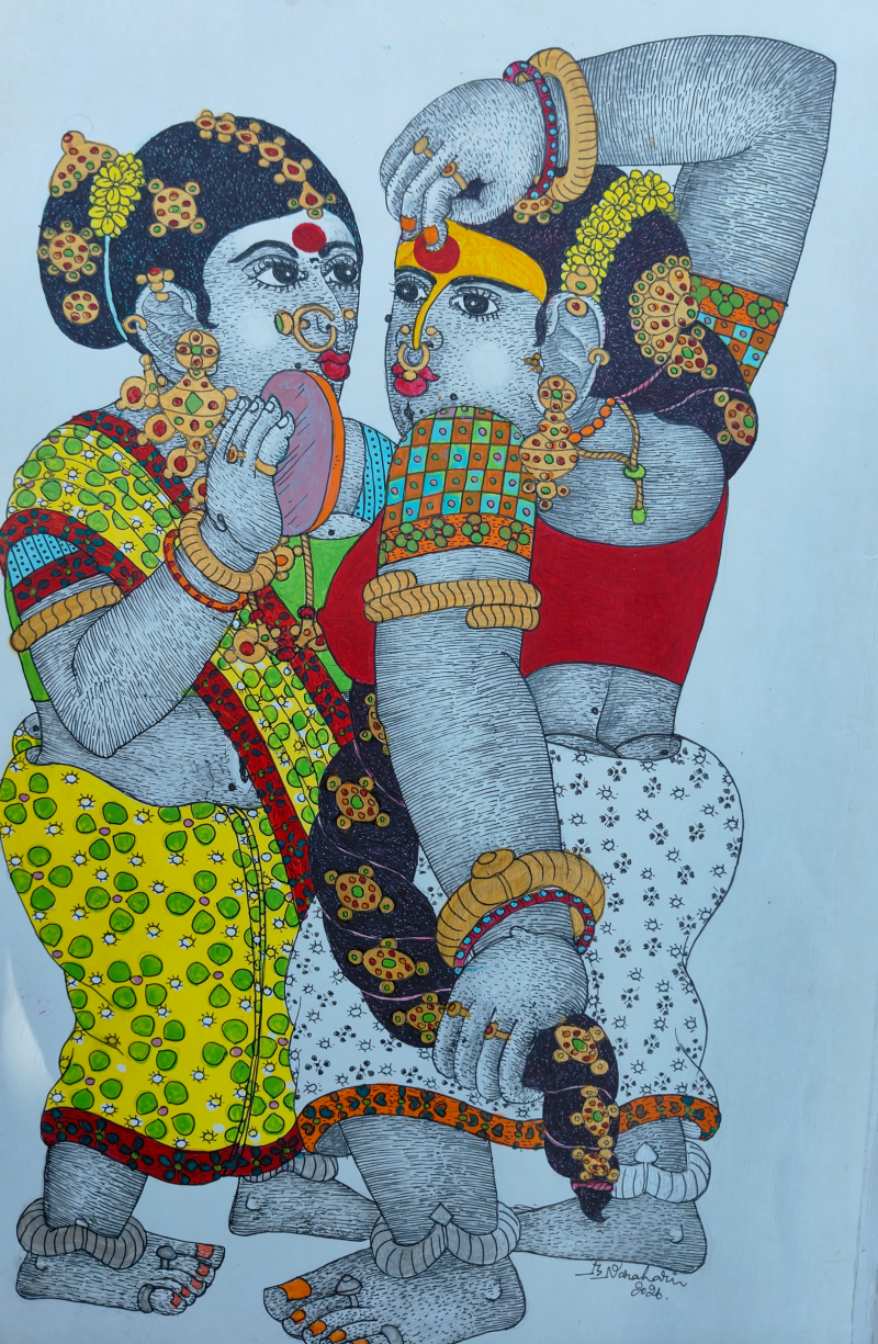 Untitled 3' figurative acrylic painting by artist Bhawandla Narahari, 30x15 inch, on paper