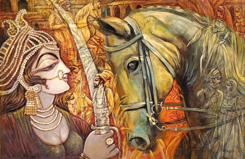 Untitled 3' figurative mixed-media painting by artist Subrata Ghosh, 24x36 inch, on canvas