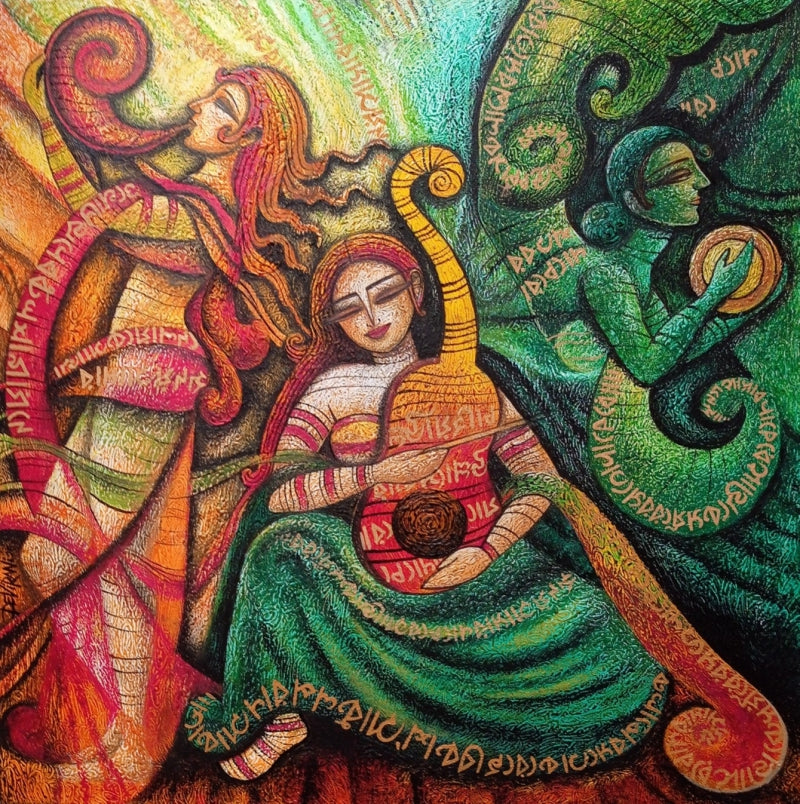 Untitled 3' figurative mixed-media painting by artist Devirani Dasgupta, 30x30 inch, on canvas