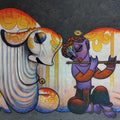 'Untitled 3' religious acrylic painting by artist Ramesh Gujar, 42x72 inch, on canvas