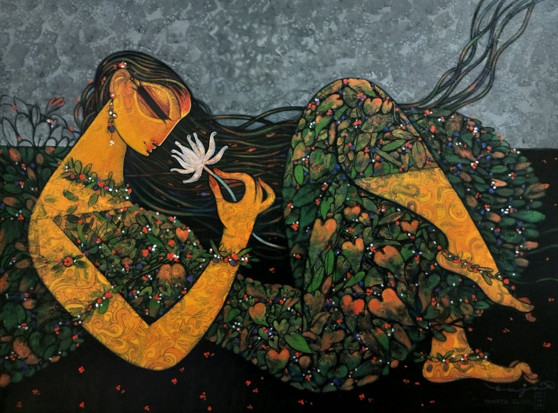 'Untitled 3' figurative acrylic painting by artist Ramesh Gujar, 36x48 inch, on canvas