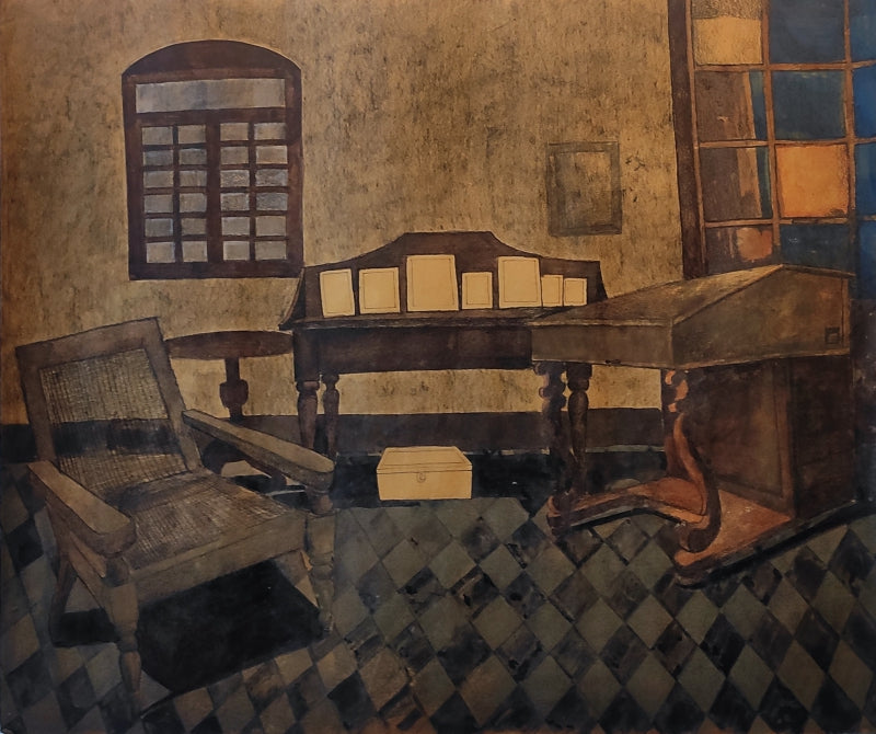 'Untitled 3' still-life mixed-media painting by artist Soyali Saha, 32x39 inch, on paper