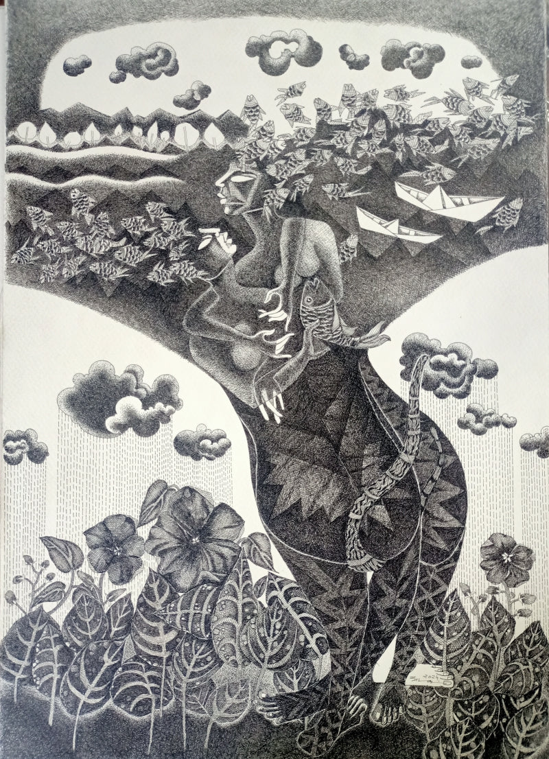 'Untitled 3' contemporary pen-ink drawing by artist Vinay Amber, 17x12 inch, on paper