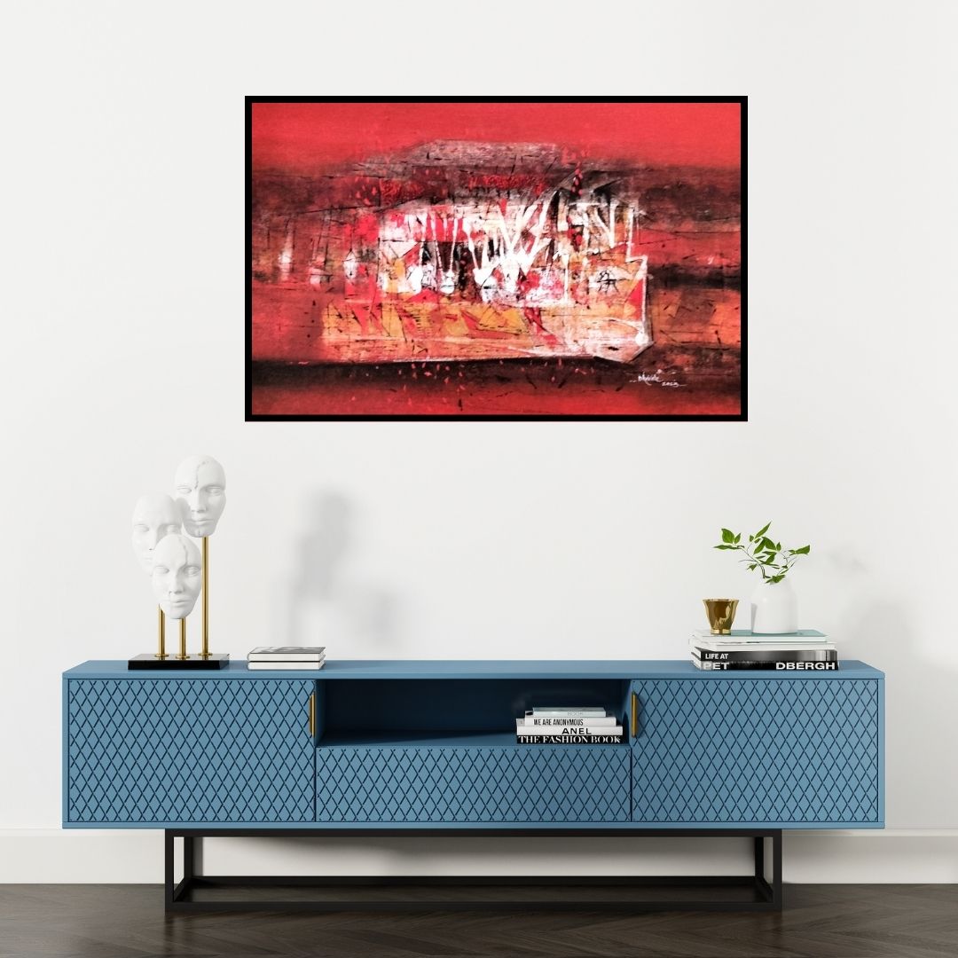 Preview of 'Untitled 3 (Crimson Chaos)' Painting by Dnyaneshwar Dhavale shown on a wall in a furnished room.