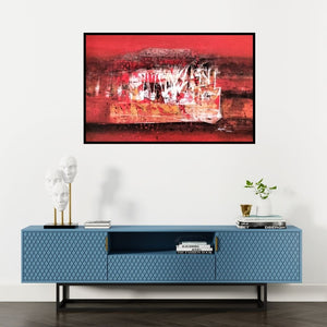 Preview of 'Untitled 3 (Crimson Chaos)' Painting by Dnyaneshwar Dhavale shown on a wall in a furnished room.