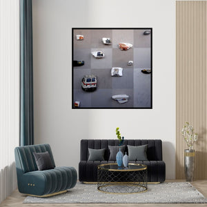 Preview of 'Untitled 3 (Urban Transport Grid)' Painting by Pragnesh Patel shown on a wall in a furnished room.