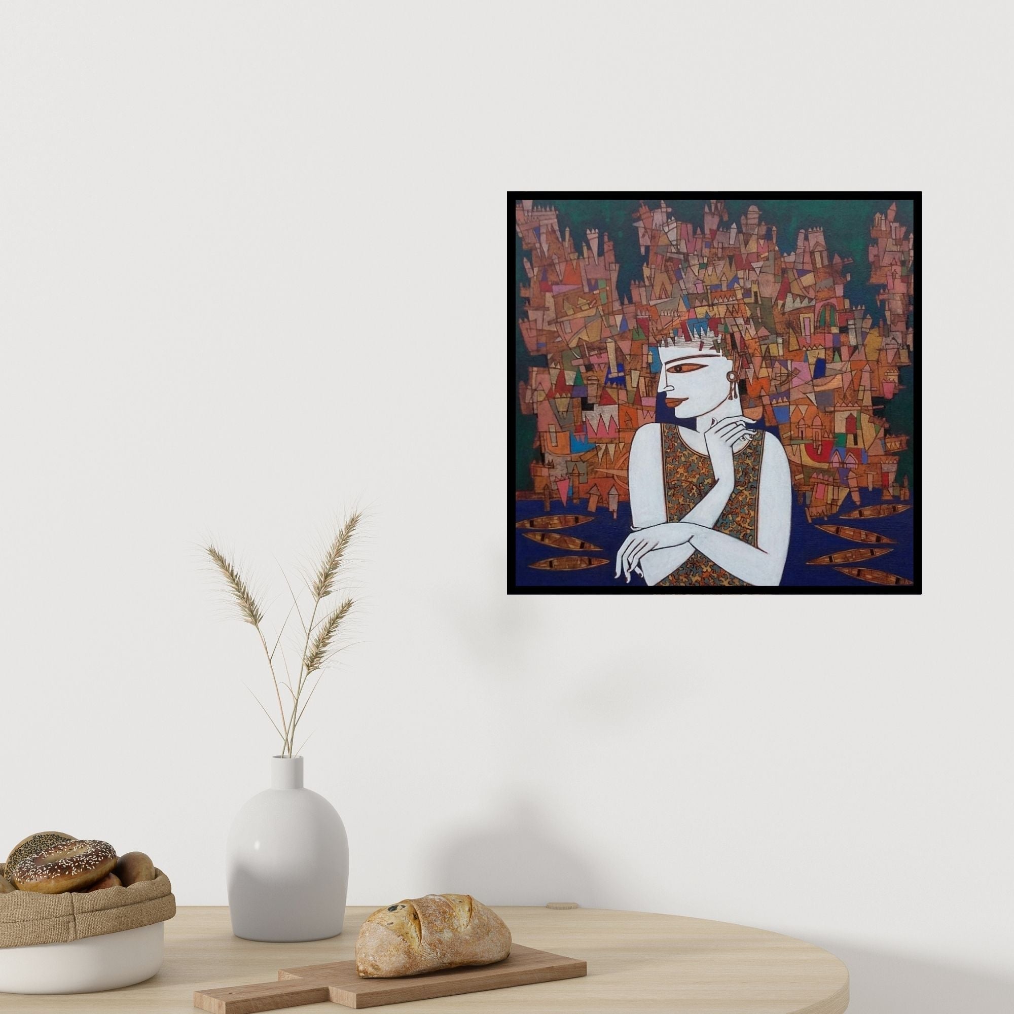 Preview of 'Untitled 3 (Urban Head)' Painting by Biswajit Mondal shown on a wall in a furnished room.