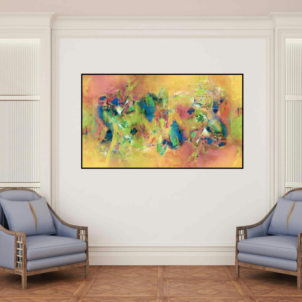 'Untitled 3 (Abstract Harmony)' painting by Sunil Balkawade shown on a wall in a furnished room.