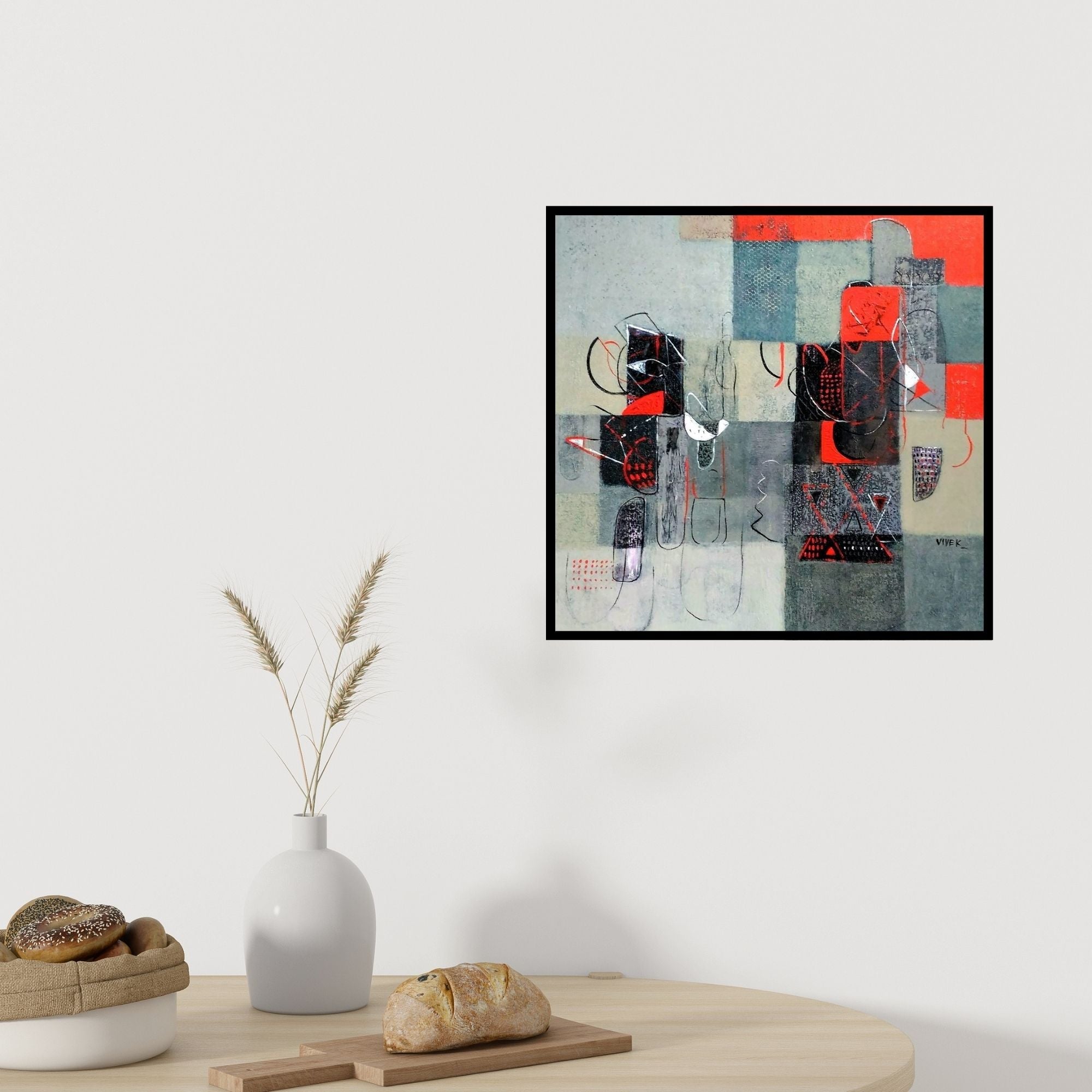 Preview of 'Untitled 3 (Red and Gray Dialogue)' Painting by Vivek Nimbolkar shown on a wall in a furnished room.