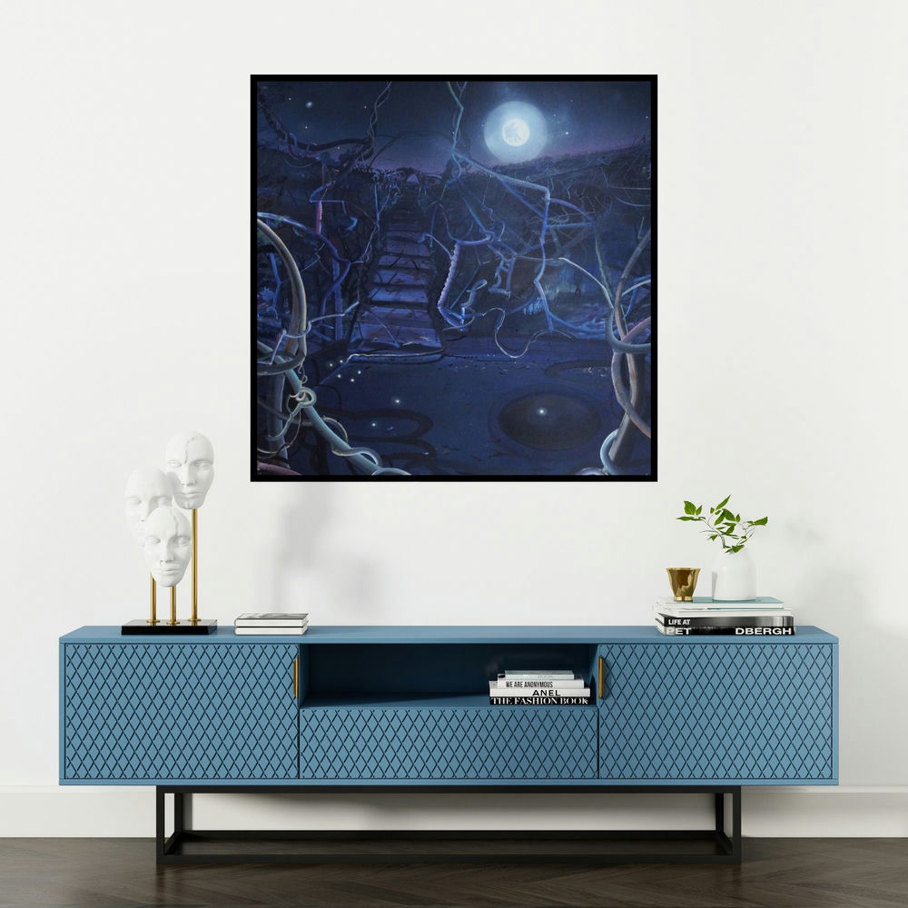'Untitled 3 (Enchanted Forest)' painting by Bhagyanath C shown on a wall in a furnished room.