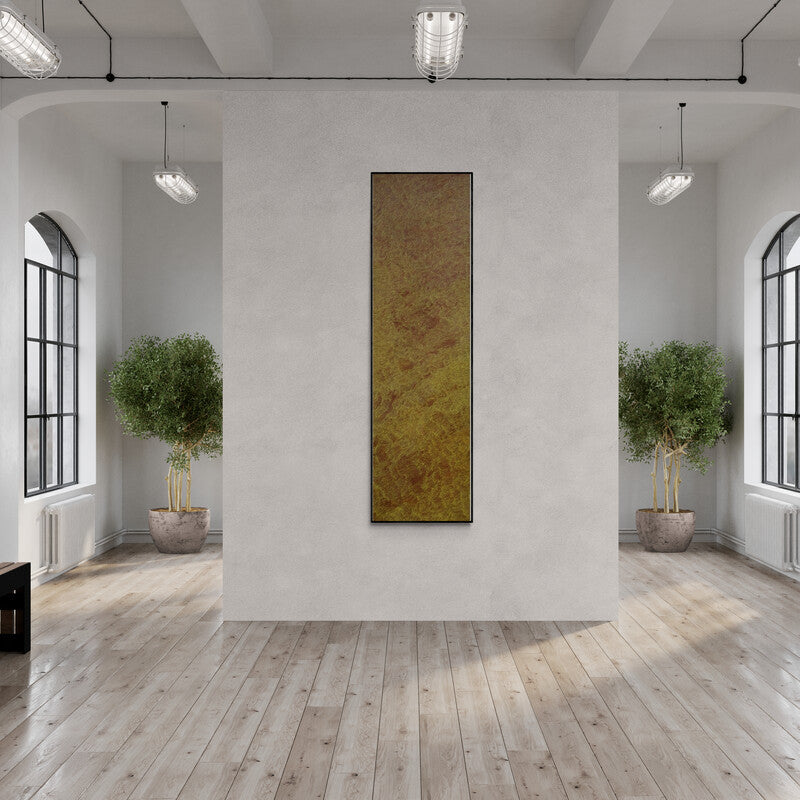 Durgesh Birthare's painting 'Untitled 3 (Golden Texture: An Abstract Composition)' displayed in a modern living room setting