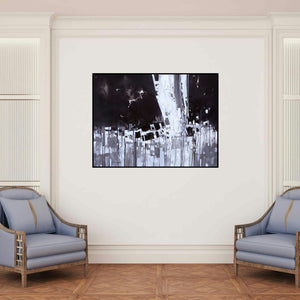 'Untitled 3 (Urban Ascent)' painting by Sagar Bondre shown on a wall in a furnished room.