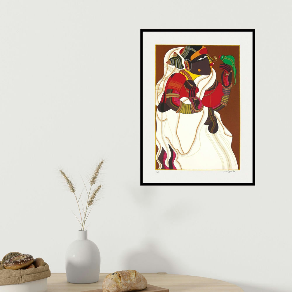 Thota Vaikuntam's 'Untitled 3 (Woman with Parrot)' painting visualized above a sofa in a contemporary room.