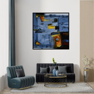 Preview of 'Untitled 3 (Blue Abstraction)' Painting by Sachin Pakhale shown on a wall in a furnished room.