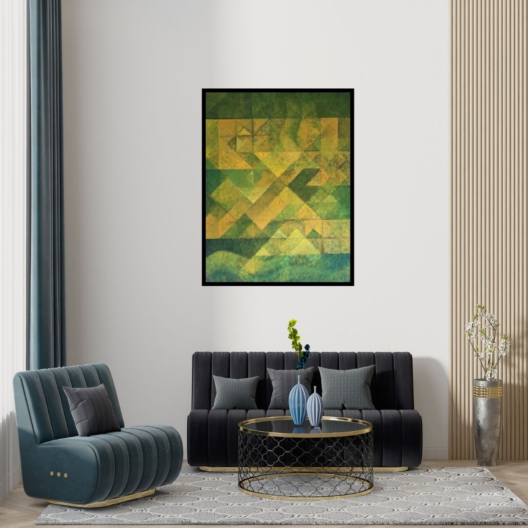 Preview of 'Untitled 3 (Verdant Intersections)' Painting by Mansi Palshikar shown on a wall in a furnished room.