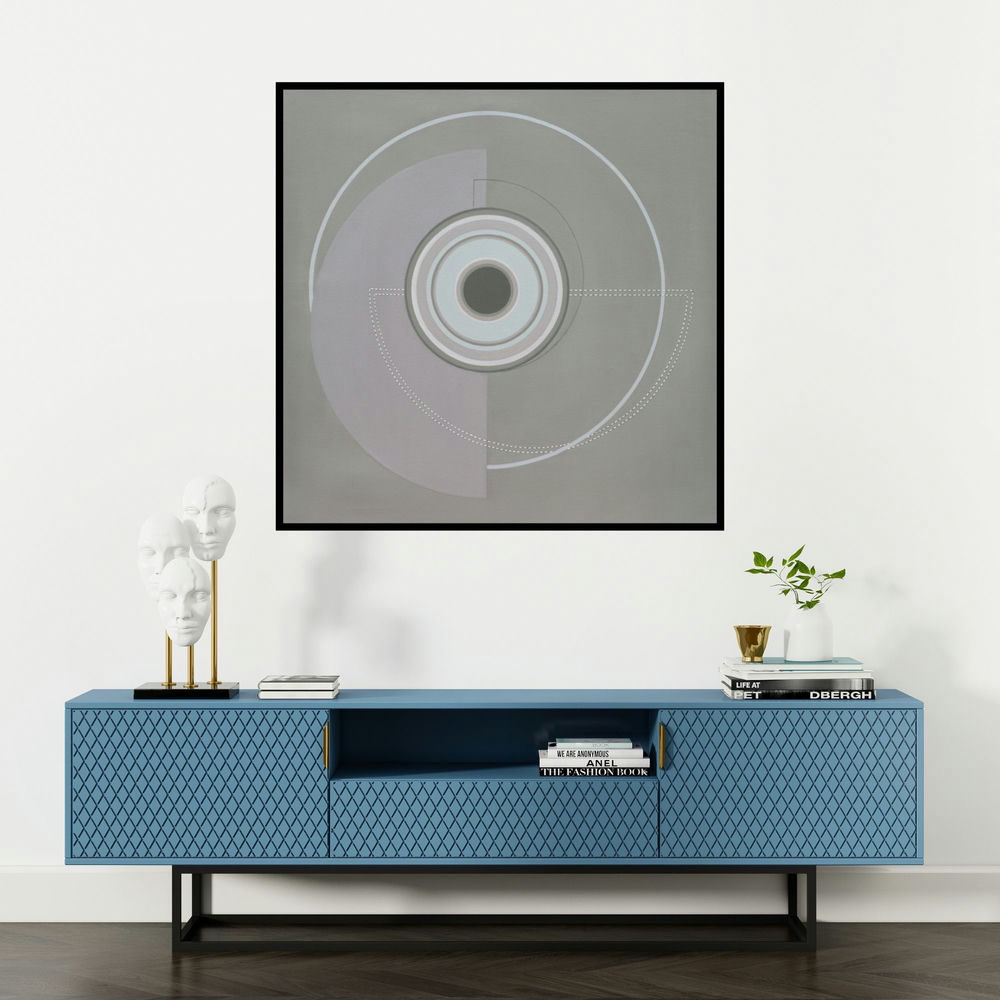 'Untitled 3 (Cosmic Eye)' painting by Dhruti Mahajan shown on a wall in a furnished room.