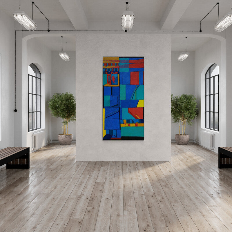 Sunil Ningule's painting 'Untitled 3 (Cityscape Rhythm)' displayed in a modern living room setting