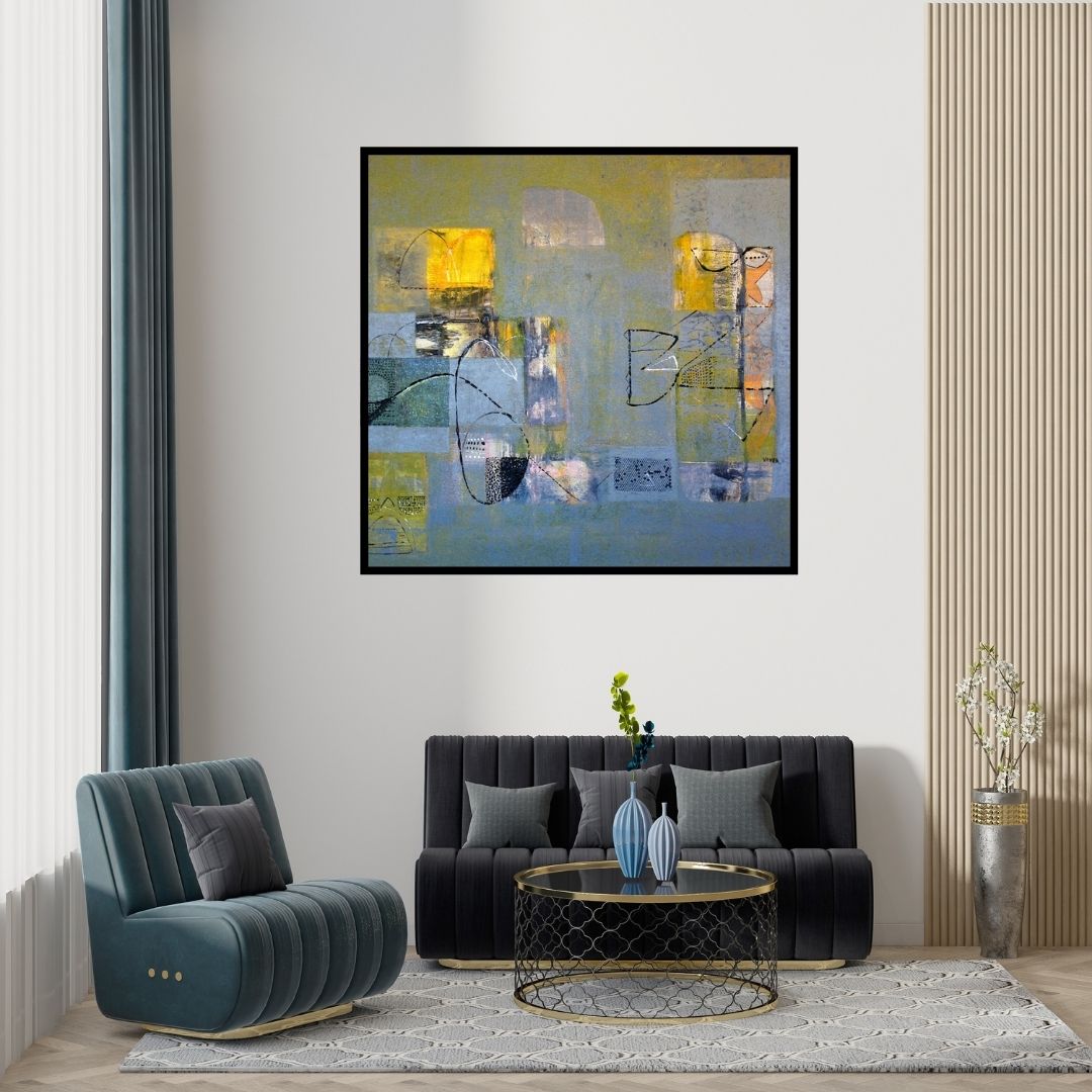Preview of 'Untitled 30 (City Lights)' Painting by Vivek Nimbolkar shown on a wall in a furnished room.