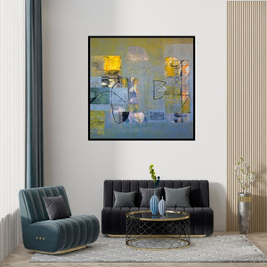 Preview of 'Untitled 30 (City Lights)' Painting by Vivek Nimbolkar shown on a wall in a furnished room.