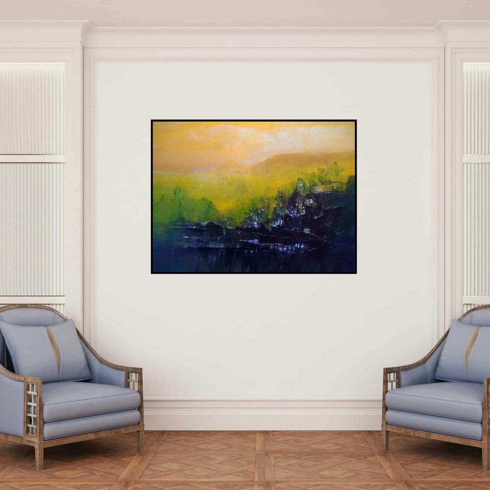 'Untitled (Golden Hour)' painting by Dnyaneshwar Dhavale shown on a wall in a furnished room.